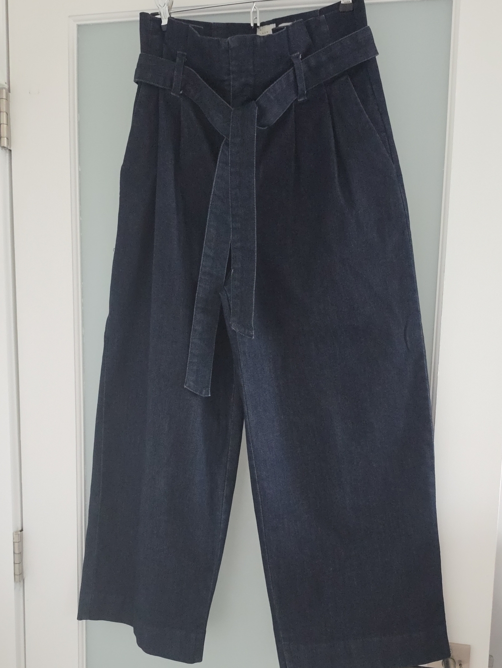 Dark Blue High-Waist Wide Leg, Cropped Jeans with Tie Belt